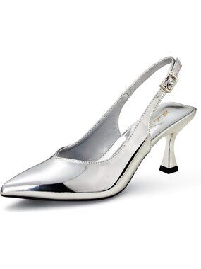 Women's Silver Kitten Heel Slingback Low 3 Inches Stiletto Pointed Toe Elegant